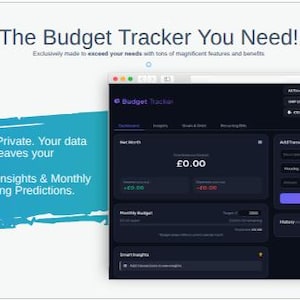 May include: A budgeting app interface on a computer screen. The screen is dark with white text and purple highlights. Text includes "The Budget Tracker You Need!" and "100% Private. Your data never leaves your device."