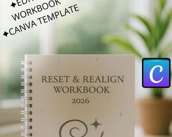 Cuaderno de trabajo de reinicio y realineación 2026 / Diario de intenciones de Año Nuevo (Plantilla editable de Canva)