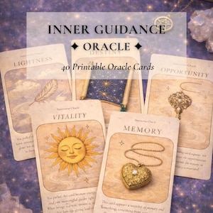 Op de afbeelding: Een verzameling van 40 afdrukbare orakelkaarten met de woorden "Inner Guidance Oracle Destiny". Elke kaart bevat unieke illustraties en trefwoorden zoals "Lightness", "Vitality", "Memory" en "Opportunity".