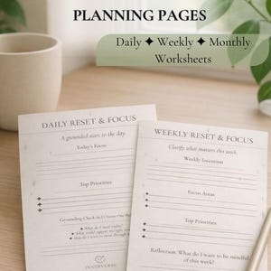 Printable Daily Weekly Monthly Planner | Reset & Focus Planning Worksheets | Editable Canva Template
