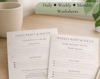 Planificador diario, semanal y mensual imprimible / Hojas de trabajo para planificar el reinicio y la concentración / Plantilla editable de Canva