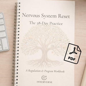 May include: A cream-coloured spiral-bound workbook titled "Nervous System Reset: The 28-Day Practice." The cover displays a tree illustration, the text "A Regulation & Progress Workbook," and the brand name "INNERVERSE." A PDF icon is visible.
