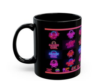 Gamer-Girl-Tasse | Glänzend schwarze Keramik, 325 ml | Neonfarbene Gamer-Logos