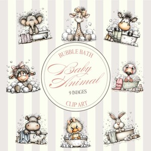 May include: Nine adorable baby animal illustrations in a bubble bath theme. The image features a cute elephant, giraffe, zebra, sheep, flamingo, hippo, duckling, and bunny, all enjoying a bubbly bath. The text reads "Bubble Bath Baby Animal 9 Images Clip Art."