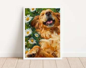 Golden Retriever Wall Art Print, Floral Dog Printable, Golden Retriever in Daisies, Aesthetic Pet Art, Nursery Wall Art, Instant Download