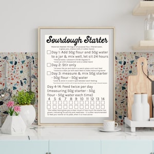 May include: A framed print with instructions for making sourdough starter. The text includes steps for mixing flour and water, feeding the starter, and a visual guide with boxes for tracking progress. The print is displayed in a kitchen setting.