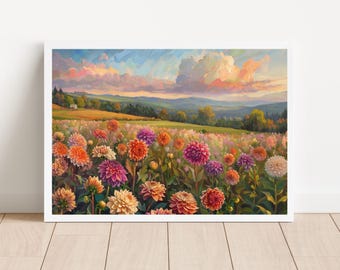 Floral Landscape Wall Art Printable, Sunset Field Digital Download, Pastel Flower Meadow Print, Cottagecore Artwork, Large Art Print Decor
