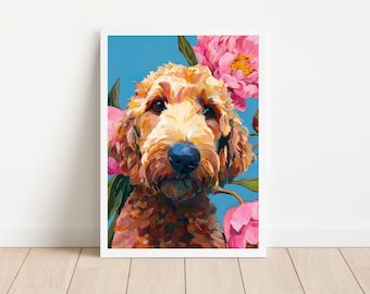 Arte de parede colorida de cachorro para imprimir, pôster pop art de Goldendoodle, retrato vibrante de cachorro, arte moderna de animais de estimação para download digital, decoração vibrante para casa.