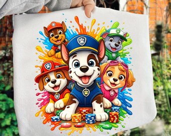 Colorful Cartoon Puppy Rescue Team Casino Poker Chips Art Fun Kids Illustration Happy Dog