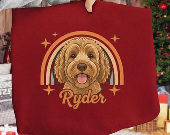 Retro custom dog portrait illustration with personalized pet name design, vintage rainbow style artwork