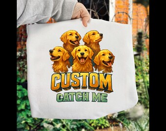 Custom Golden Retriever Dog Portrait Clipart with Multiple Puppy Faces and Bold Catch Me