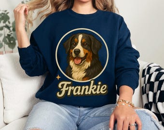 Custom Bernese Mountain Dog portrait illustration with personalized pet name.