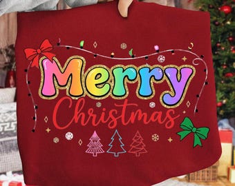 Merry Christmas Rainbow Glitter Typography Festive Holiday Design Colorful Xmas Art.