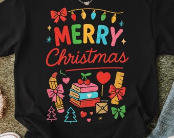 Merry Christmas Typography Illustration with Colorful Holiday Icons for Shirts Mugs Decor.