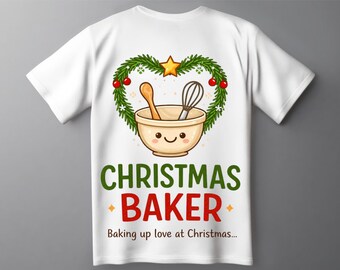 Cute Christmas baker illustration with smiling mixing bowl and festive wreath.