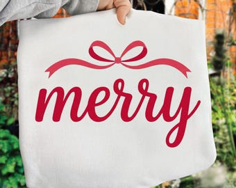 Merry Christmas SVG Design, Red Script with Bow for Holiday Crafts