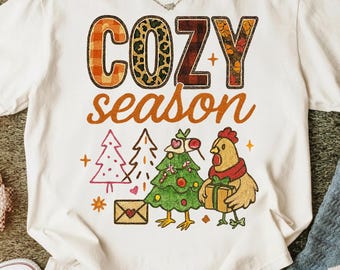 Cozy Season Christmas Illustration with Festive Chicken and Rustic Holiday Typography.