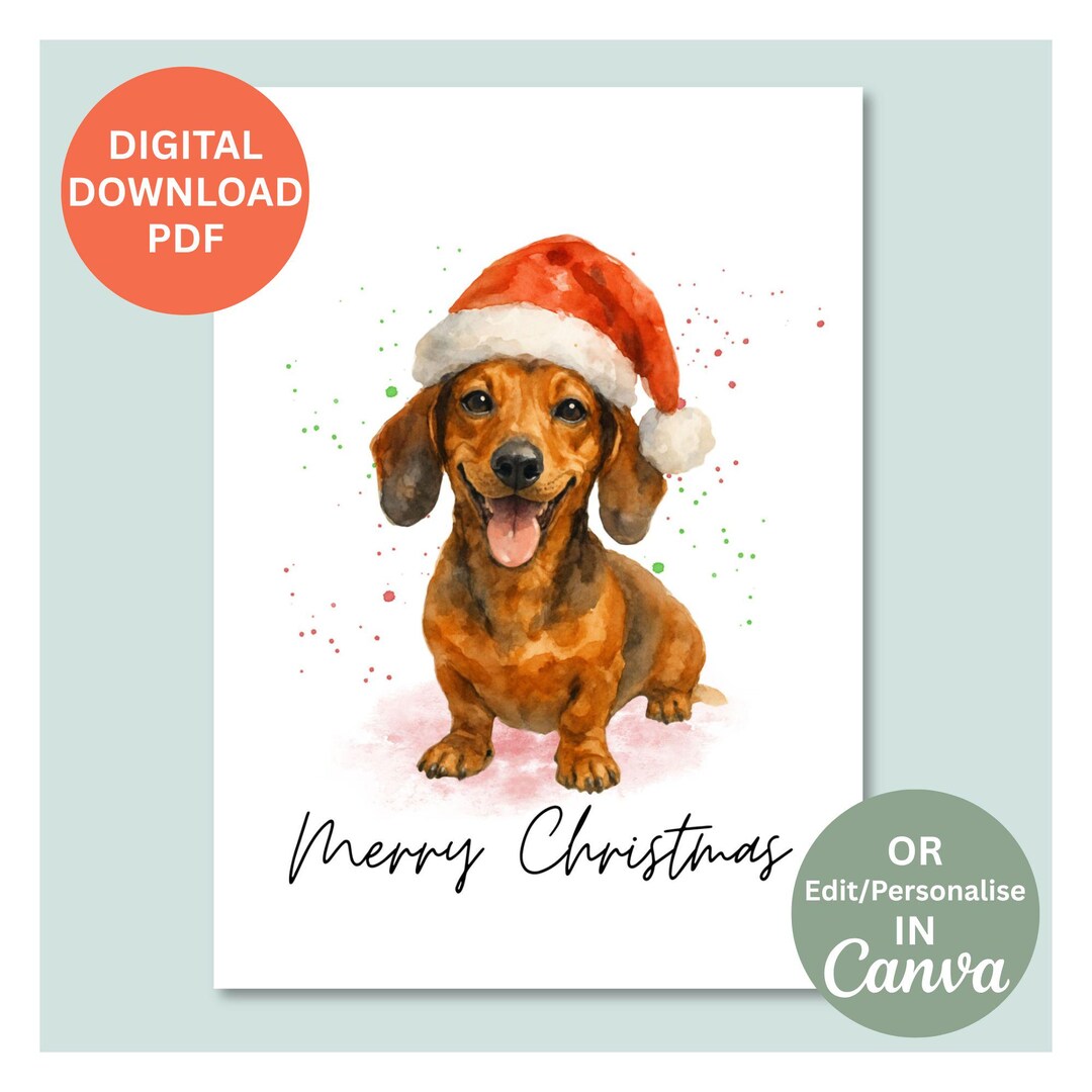 Dachshund Christmas Card Digital Download, Canva Template, Sausage Dog