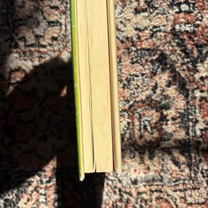 Op de afbeelding: Een hardcover boek met vergeelde pagina's en een groene rug. De randen van het boek zijn zichtbaar en tonen de dikte van de pagina's. Het boek ligt op een patroonkleed, met een schaduw.