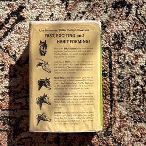 Op de afbeelding: Een vintage paperback boek, "The Black Stallion" van Walter Farley. De achterkant toont paardenillustraties en tekst die de serie aanprijst als "Fast, Exciting and Habit Forming!"