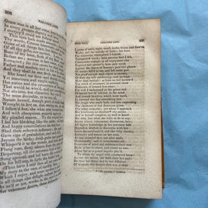 May include: Open book with aged pages, featuring text from "Paradise Lost" by John Milton. The pages are yellowed with age, and the text is printed in a classic serif font. The book is open to a double-page spread, with text filling both sides.