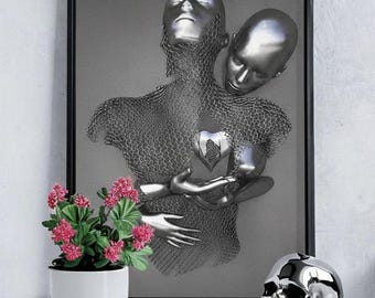Surreal Metallic Couple Wall Art, Futuristic Cyberpunk Poster, Abstract Chrome Figure Print