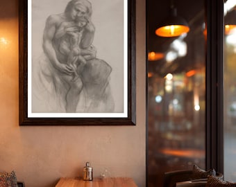 Madonna and Child Charcoal Print, Renaissance Style Religious Art Poster