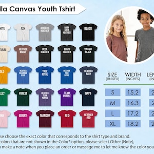 May include: A Bella Canvas youth t-shirt color chart displaying twenty-five solid and heathered fabric options in various shades. A size chart provides width and length measurements in inches for sizes small through extra-large, alongside a circular inset showing two children wearing the shirts.