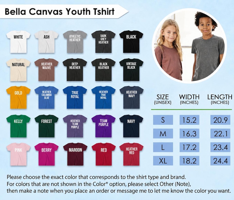 May include: A Bella Canvas youth t-shirt color chart displaying twenty-five solid and heathered fabric options in various shades. A size chart provides width and length measurements in inches for sizes small through extra-large, alongside a circular inset showing two children wearing the shirts.