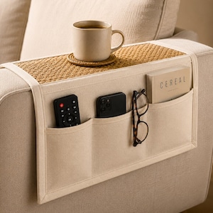 Handmade Jute Canvas Sofa Armrest Tray Table, Boho Couch Caddy, Remote Holder Storage
