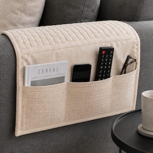 Sofa Armrest Organizer, Minimalist Canvas Couch Caddy, Remote Holder & Deep Pocket Storage