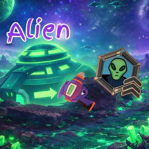 May include: A digital illustration of an alien-themed scene. The word "Alien" is written in purple. A green spaceship, a ray gun, and an alien portrait are featured against a starry background with planets and flying saucers. The landscape is a mix of purple and green.