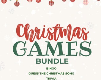 May include: A festive Christmas Games Bundle graphic with red and green text on a cream background. The bundle includes Bingo, Guess the Christmas Song, Trivia, Word Search, and Grinch Guess Who. Decorative ornaments hang from the top.