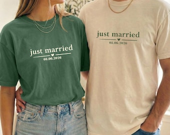 Chemise Just Married avec date, t-shirt couple personnalisé, chemise personnalisée pour jeunes mariés, cadeau de mariage couleurs confort, chemises pour lune de miel
