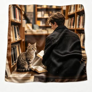 Puede incluir: Una manta cuadrada con una escena impresa de una persona con chaqueta negra sentada en una biblioteca junto a un gato atigrado. La persona sostiene un libro abierto, mientras otro libro abierto descansa sobre la superficie cerca del gato entre estanterías.