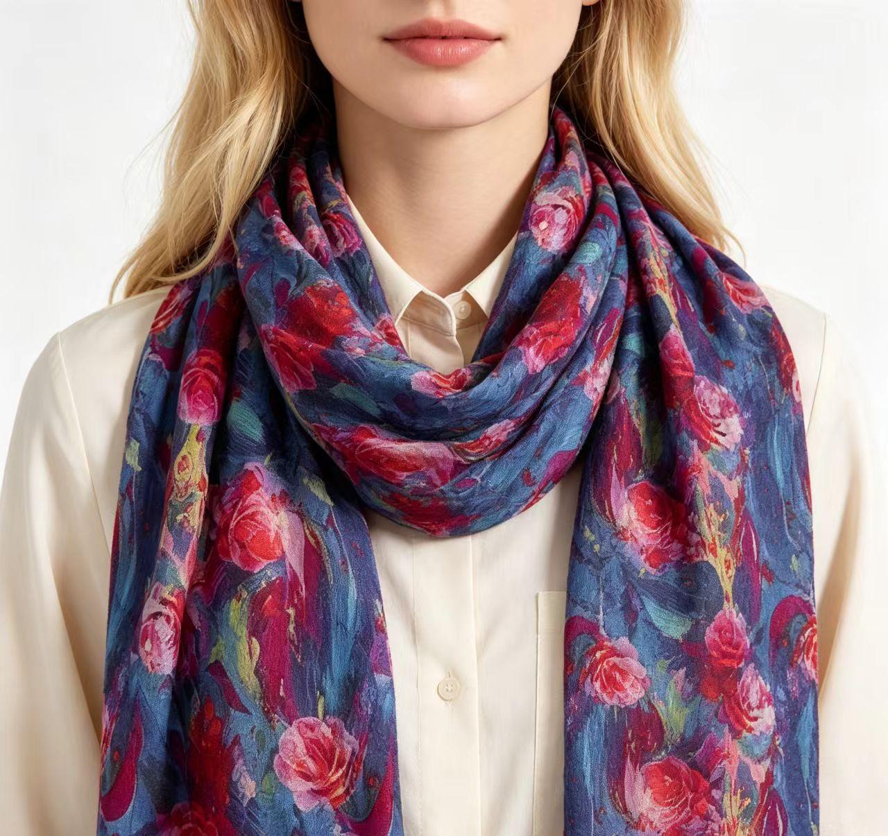 100% Mulberry Silk Scarf, Abstract Floral Silk Shawl, Hand Rolled Edge, Watercolor Rose Print Wrap, Luxury Lightweight Silk Scarf