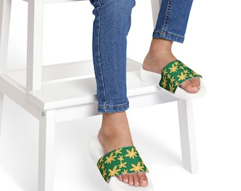 Yellow Floral Pattern Youth Sandals | Green Slide Sandals