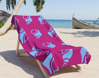Blue Conch Shell Pattern Beach Towel | Pink Nautical Seashell Print