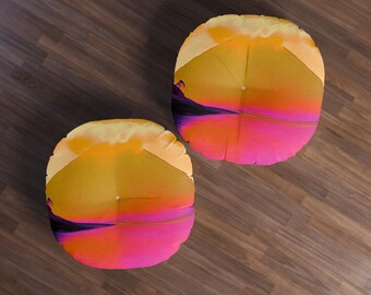 Sunset Volcano Landscape Floor Pillow | Tufted Round Seating