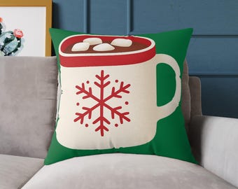 Hot Cocoa Mug Throw Pillow | Holiday Snowflake Design