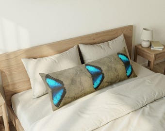 Blue Butterfly Body Pillow Botanical Insect Print, Long Lumbar Pillow