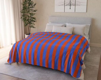 Blue and Orange Stripe Fleece Sherpa Blanket | Bold Striped Throw
