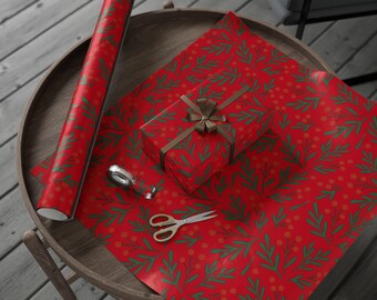 Holly Berry Foliage Wrapping Paper | Red Green Botanical Holiday Roll