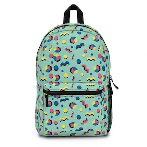 Zaino con motivo geometrico Memphis anni '90 / Forme retrò al neon, sfondo acquamarina