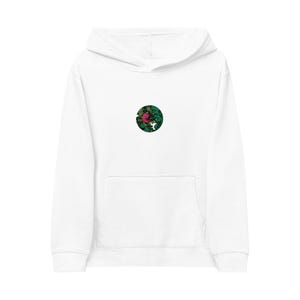 May include: White hoodie with a front pocket and a hood. The hoodie features a circular graphic on the chest with a pink flower and green foliage design. The hoodie is made of a soft material.