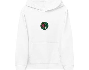 Sudadera infantil con capucha verde floral de fresas y parche bordado en el pecho.