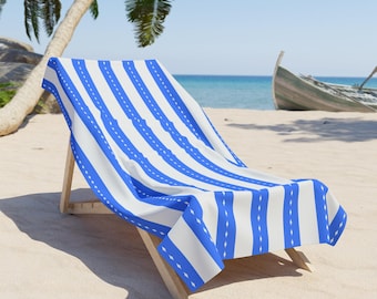 Blue Striped Seaside Pattern Beach Towel | Nautical Polka Dot Accent
