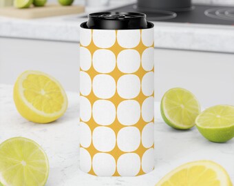 Retro Dot Pattern Can Cooler | Mid Century Modern Yellow White