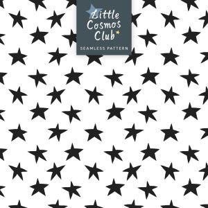 May include: A seamless pattern featuring black stars scattered on a white background. The design includes a square label with the text "Little Cosmos Club" and "Seamless Pattern". This pattern is suitable for various applications.