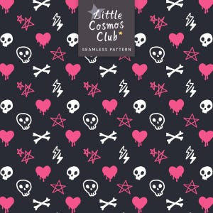 May include: A seamless pattern on a dark gray background featuring repeating white skulls, white crossbones, pink dripping hearts, pink stars, and white lightning bolts. A central label reads Little Cosmos Club SEAMLESS PATTERN.